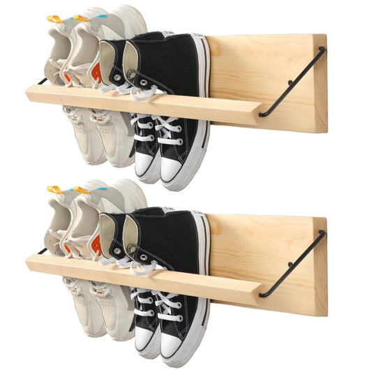 Mifoci 2 Pcs Wall Mounted Shoe Rack Organizer Wooden Modern Compact Wall Space Saving Shoe Holder Storage for Sneaker Footwear Slipper Boots Entryway Narrow Spaces Hallway(28.35'' Long)