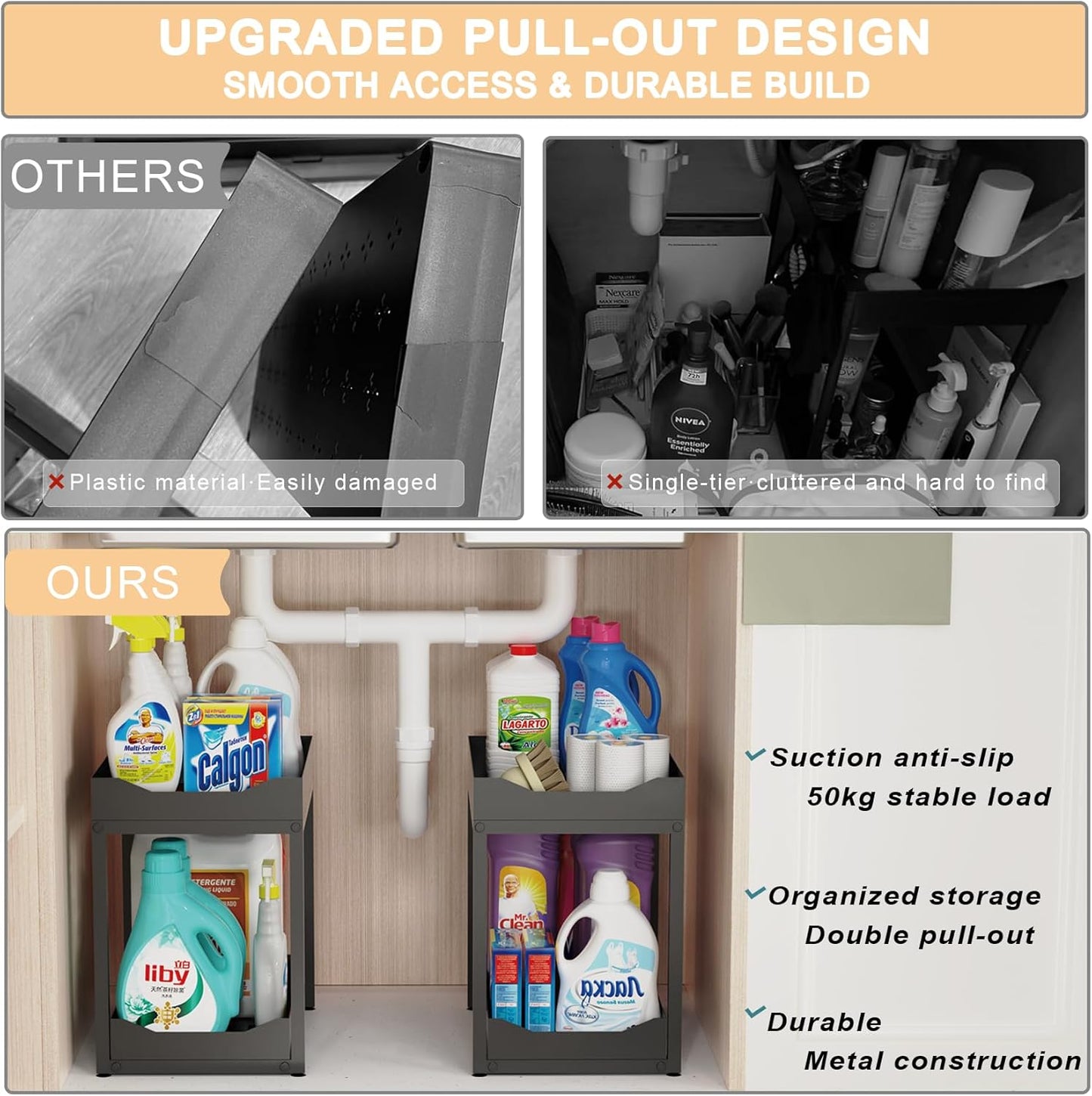 Skiennix 2-Tier Bathroom Organizer - Metal Under Sink Storage with Pull-Out Drawers | Black, 2 Pack
