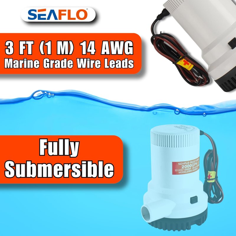 SEAFLO 01 Series 2000 GPH Bilge Pump – 12V, 1-1/8" Outlet, Marine Submersible Pump with Anti-Airlock Protection, CE & Rohs Certified, 4-Year Warranty | Reliable for Boats and Marine Applications