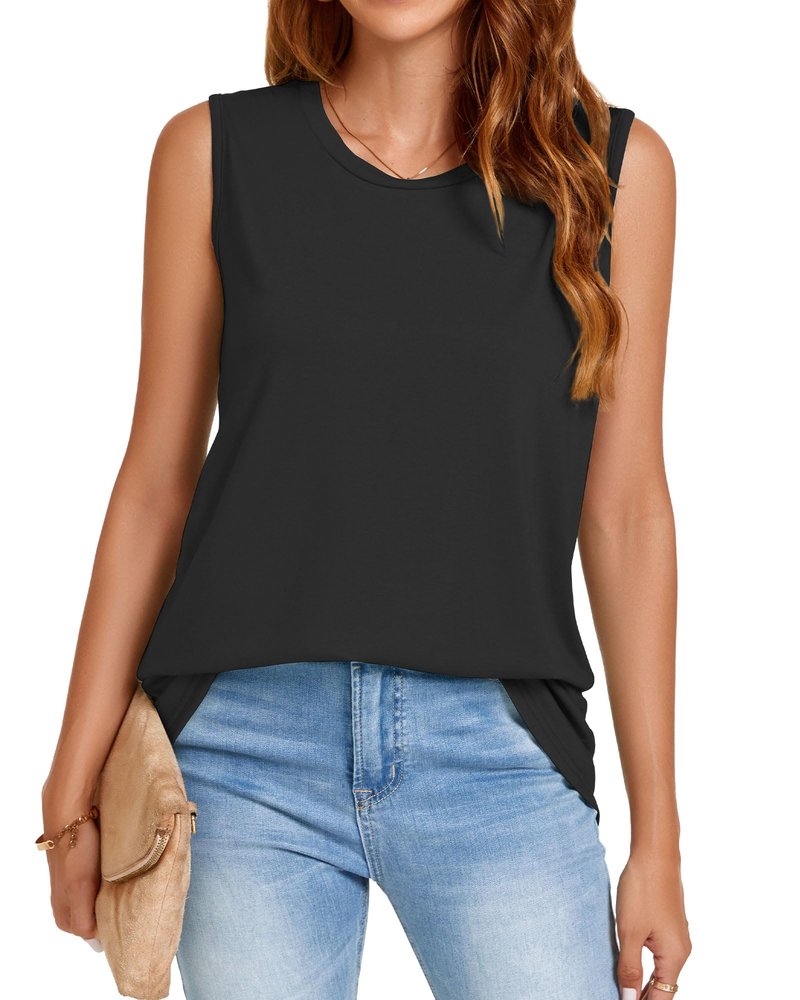 Tank Top for Women Crew Neck Sleeveless Summer Tops Solid Color Casual Loose Fit Dressy Tshirts(Black, M)