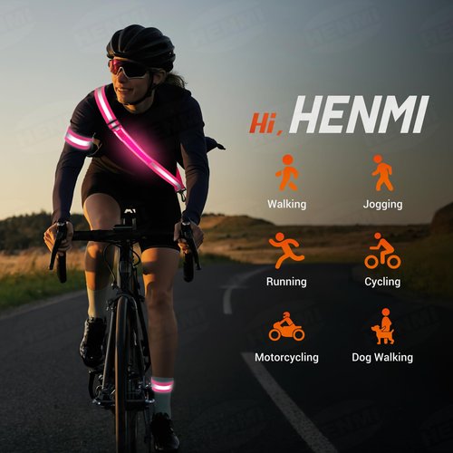 HENMI LED Reflective Belt Sash with Two Arm Reflective Tapes,3 Light Modes Adjustable Length Rechargeable Reflective Running Gear for Men Women Running Cycling Walking and Dog Walking(Pink)