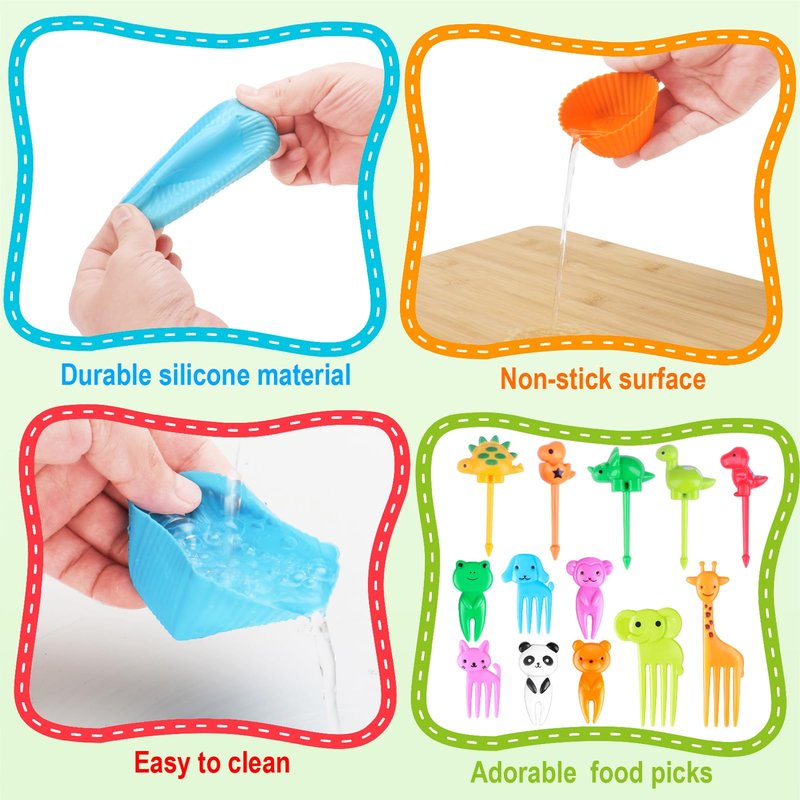 Vicuna R 80PCS Silicone Lunch Box Dividers Kit, Reusable Silicone Cupcake Liners Muffin Cups, Fun Lunchbox Bento Box Accessories, Cute Food Picks for Kids (20 Baking Cups + 60 Animal Picks)