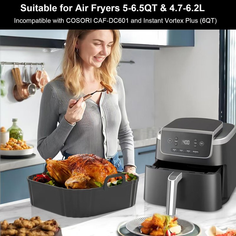 PINTAUR Square Silicone Air Fryer Liners 2 Pack, Compatible with Ninja AF141 181, 8.5 Inch Air Fryer Liners for COSORI 5-6.5 QT, Reusable Silicone Basket, Air Fryer Accessories