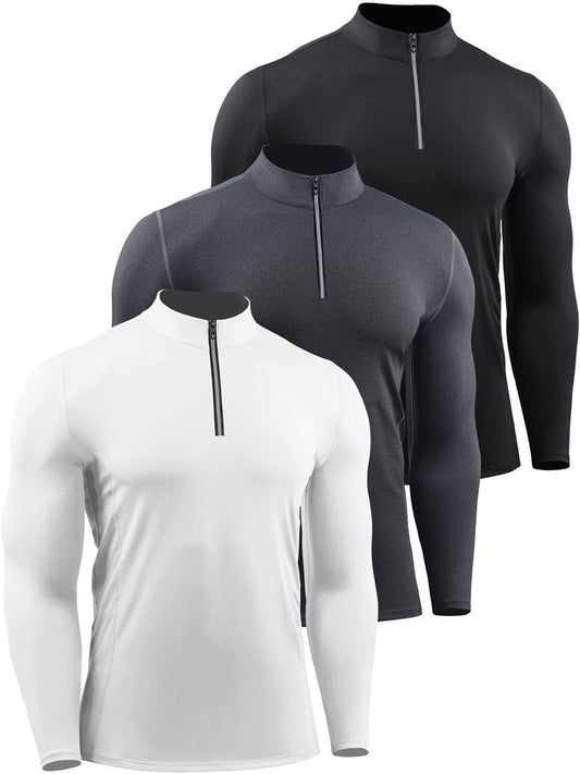NELEUS Men's Compression Shirts 1/4 Zip Pullover Long Sleeved Running Shirts 3 Pack,5086,Black/Grey/White,L