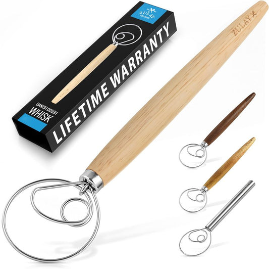 Zulay Kitchen 13-Inch Danish Dough Whisk - Stainless Steel Wooden Whisk with Dough Hook - Sourdough Whisk for Bread, Pizza, Pastry, Cake Batter & More - Wood