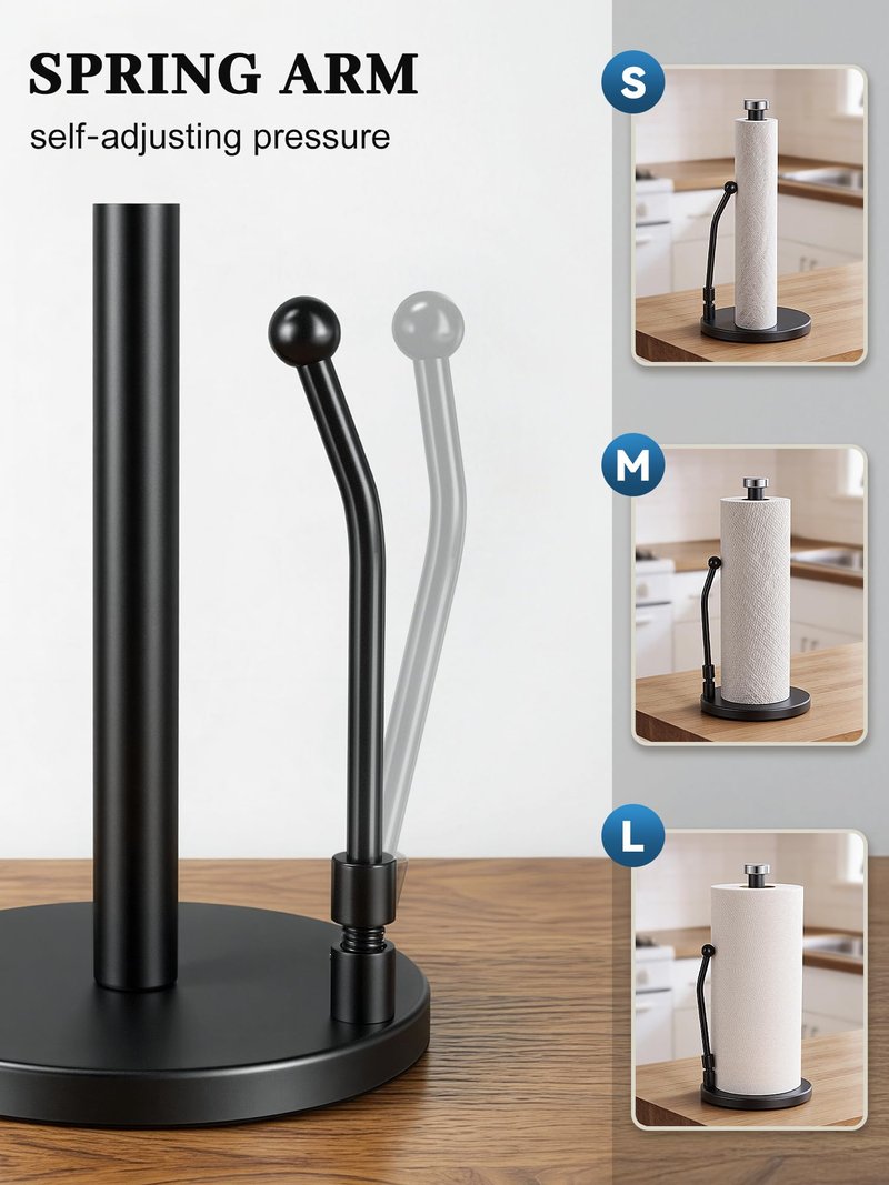 SMARTAKE Paper Towel Holder, Paper Towel Dispenser Standing Weighted Base Non Slip, Spring Arm Fit Most Size Paper Roll, Stainless Steel Paper Towel Holder for Home Kitchen Countertop Tabletop, Black