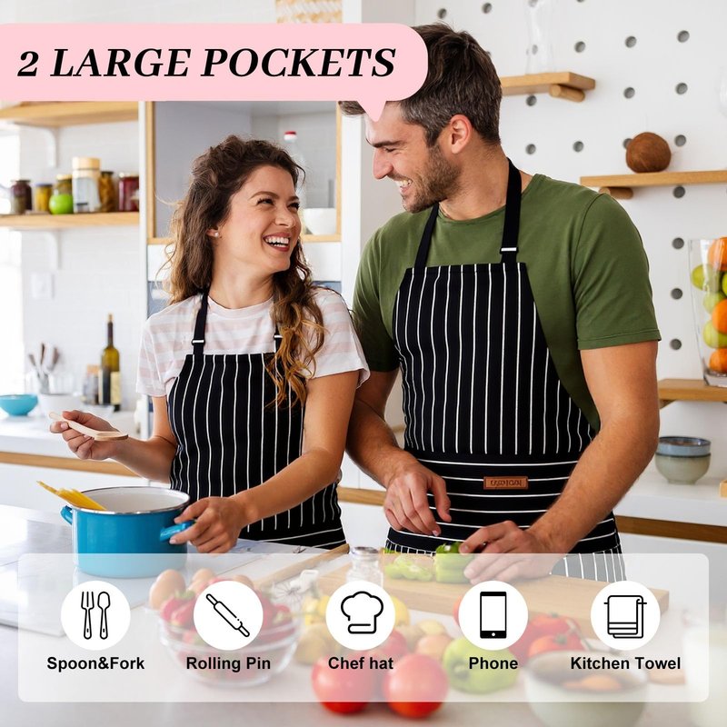 ZAIORD 2Pack Adjustable Kitchen Apron for Women Men with 2 Pockets，Cotton-Polyester Blend Bib Aprons for Cooking,Baking