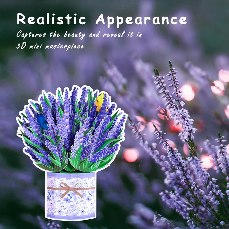 ROBBEAR Lavender Bouquet Pop Up Card, 3D Flower Greeting Card with Envelope for Any Occasion, Birthday, Mother's Day, Anniversary, Valentines Day, Foldable Flower Cards for Wife or Friends