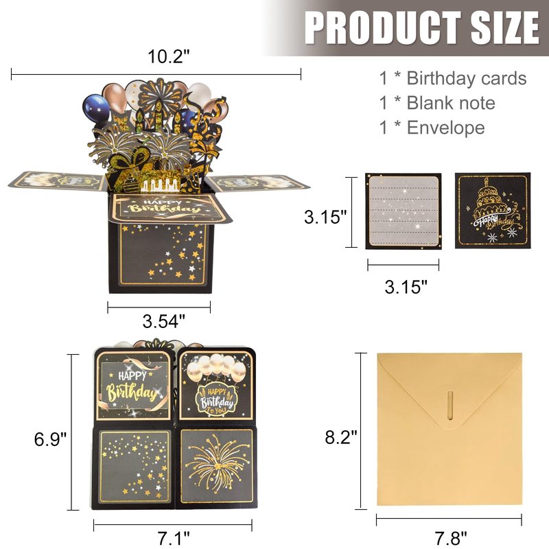 Surprise Pop Up Happy Birthday Cards, Lovely 3D Birthday Card for Adults and Kids with Envelopes, Unique Design Handmade Foldable Greeting Cards for Daughter, Son, Mom, Dad, Friend（Black）