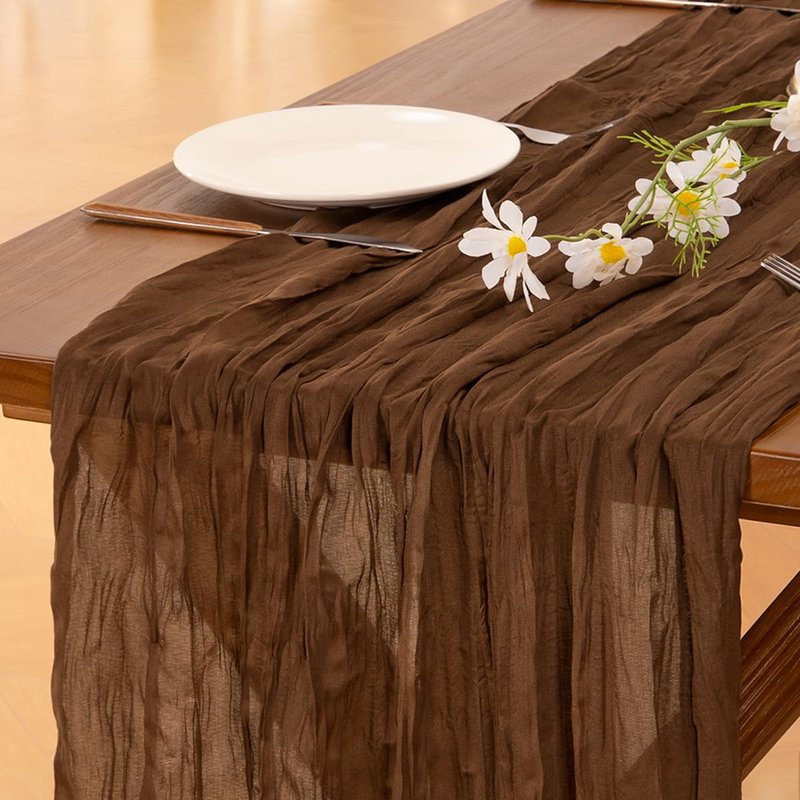 Socomi 3pcs Brown Coffee Summer Cheesecloth Table Runner Boho Rustic Gauze 120 inch 10FT Cheese Cloth Sheer Runner for Wedding Party Baby Shower Birthday Home Decor Holiday Decorations
