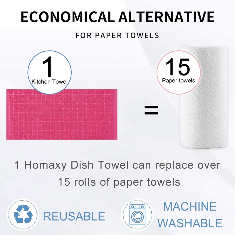 Homaxy 100% Cotton Terry Kitchen Towels(Rose Red, 13 x 28 inches), Checkered Designed, Soft and Super Absorbent Dish Towels, 4 Pack
