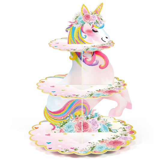 3 Tier Unicorn Cupcake Stand Party Decorations Rainbow Unicorn Birthday Cupcake Holder Dessert Tower for Kids Party Baby Shower Wedding Family, Cute Color