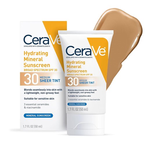 CeraVe Hydrating Mineral Sunscreen SPF 30 - Tinted Zinc Oxide Formula for a Healthy Glow | Medium, 1.7 oz