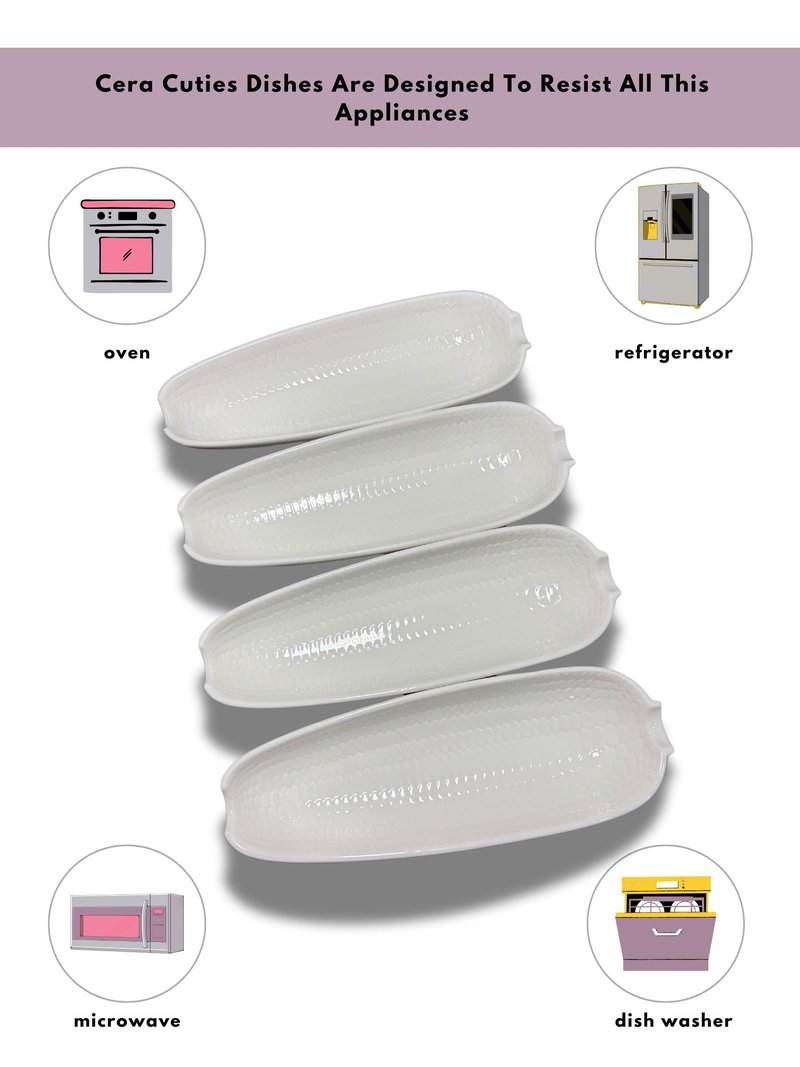 Cera Cuties Corn Dishes Set of 4, Corn Cob Holders 8.8", White Ceramic Dishes Non-slip Bottom, Microwave, Dishwasher and Oven Safe.