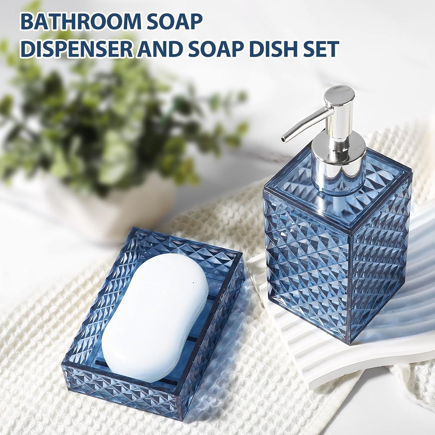 RYTOXILO Bathroom Accessories Set - 4 Pack Blue Acrylic Bath Essentials | Diamond Soap Dispenser & Toothbrush Holder