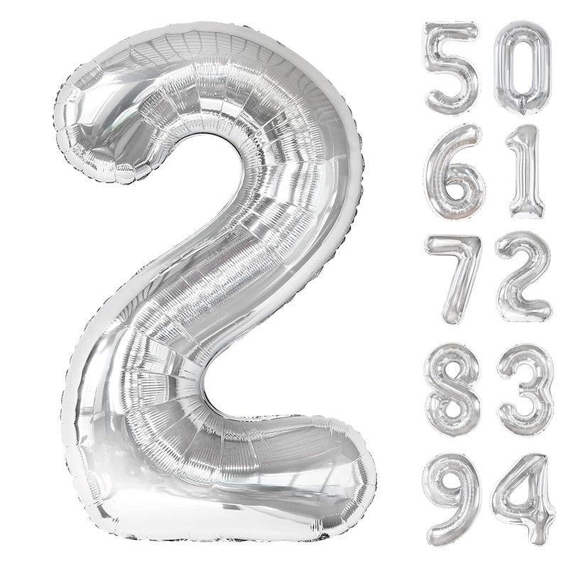 Silver 2 Balloon, Number Balloons 40 Inch, 2nd Balloon Number Birthday Decorations, Two Second Birthday Party Supplies, Number 2 Balloon