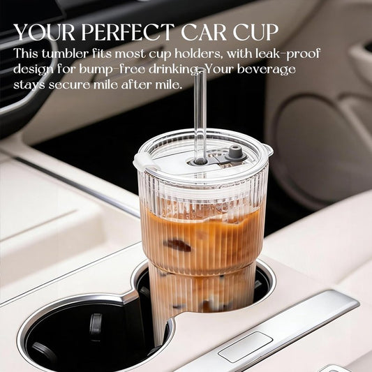 KEMORELA 2-Pack 20 oz Ribbed Glass Tumblers with Lids and Glass Straws – Vintage Iced Coffee Cups, Reusable Smoothie & Cocktail Drinking Glasses, Clear Glassware for Home or Cafe