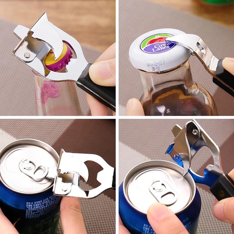 Zemcxney 4-in-1 Can Punch Bottle Opener Classic Stainless Steel Manual Can Opener for Liquid with Cap Catcher, Can Tapper Church Key for Camping and Traveling 1 Pack