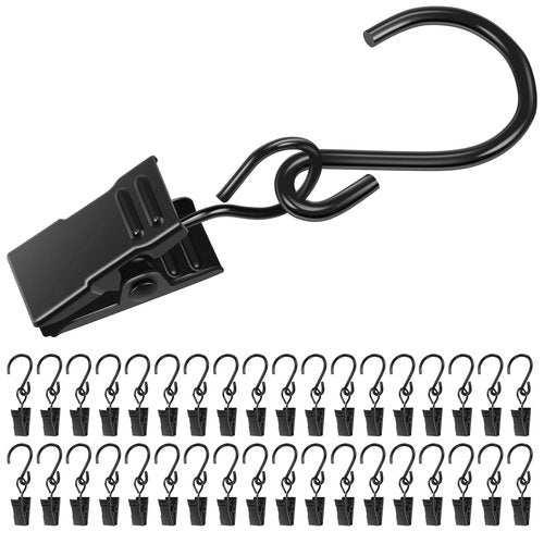BXUYAOXMC 100-Pack Heavy Duty S Hooks with Clips, 2.36 Inch Metal String Light Clips for Outdoor Patio, Rust-Proof Curtain Hooks for Hanging Christmas Lights, Party Decor, Gutters, Awning - Black