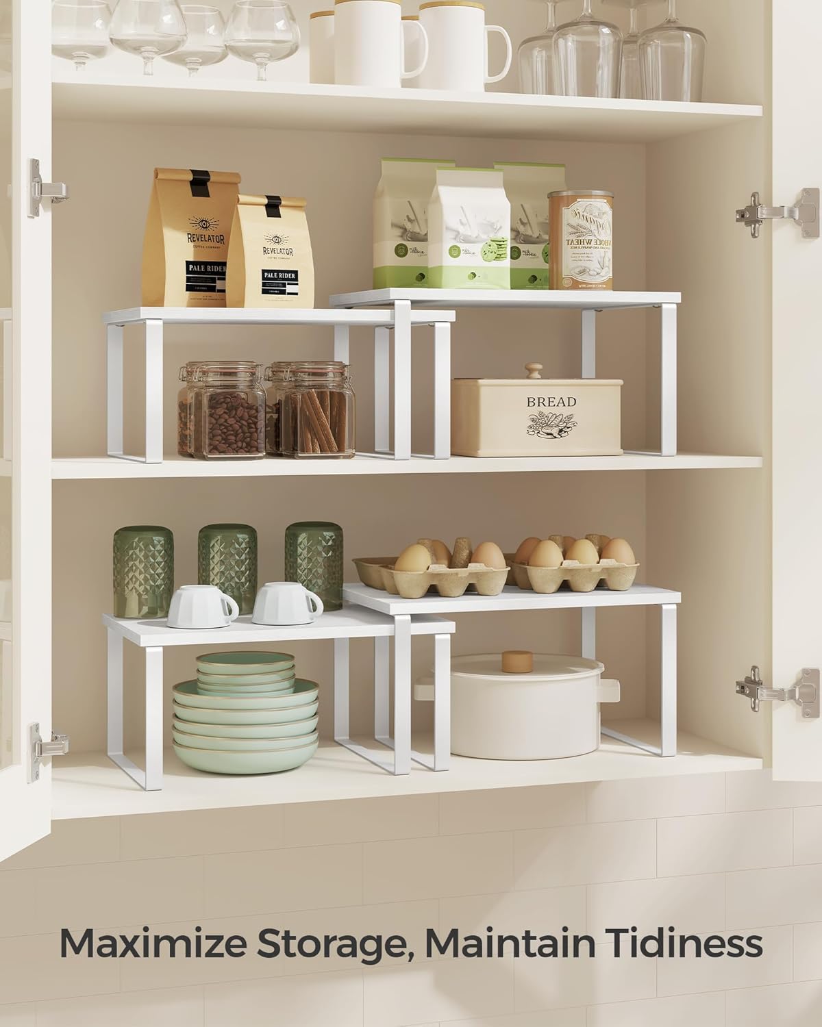 SONGMICS Kitchen Organizer Shelves - Set of 2 Stackable Spice Racks | Metal & Engineered Wood, Cloud White