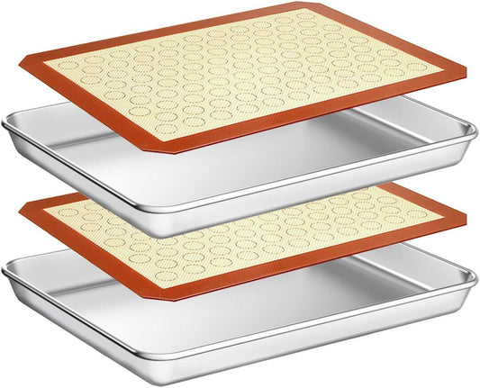 Wildone Baking Sheet Set - Stainless Steel Cookie Sheets with Silicone Mats | 4-Piece (10 x 8 x 1 Inch)