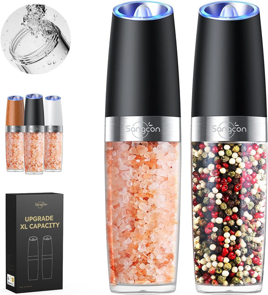 Sangcon Electric Salt and Pepper Grinder Set - Upgraded 9oz XL Capacity | Battery Powered, One-Hand Operation, Adjustable Coarseness