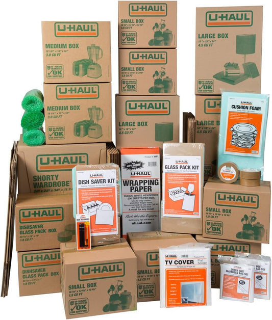 U-Haul Moving Kit - 36 Boxes, 2 Wardrobe Boxes, Dish Packing Kits & Mattress Bags | Complete Supplies
