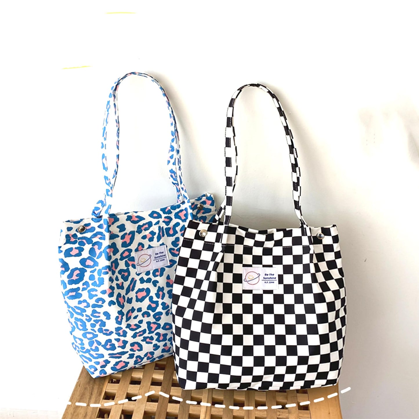 ICOCCI Women Tote Bags Grocery Shoulder Bag Corduroy with Inner Pocket for Work Beach Lunch Travel Shopping Shopper Handbags (Black & White Squares)