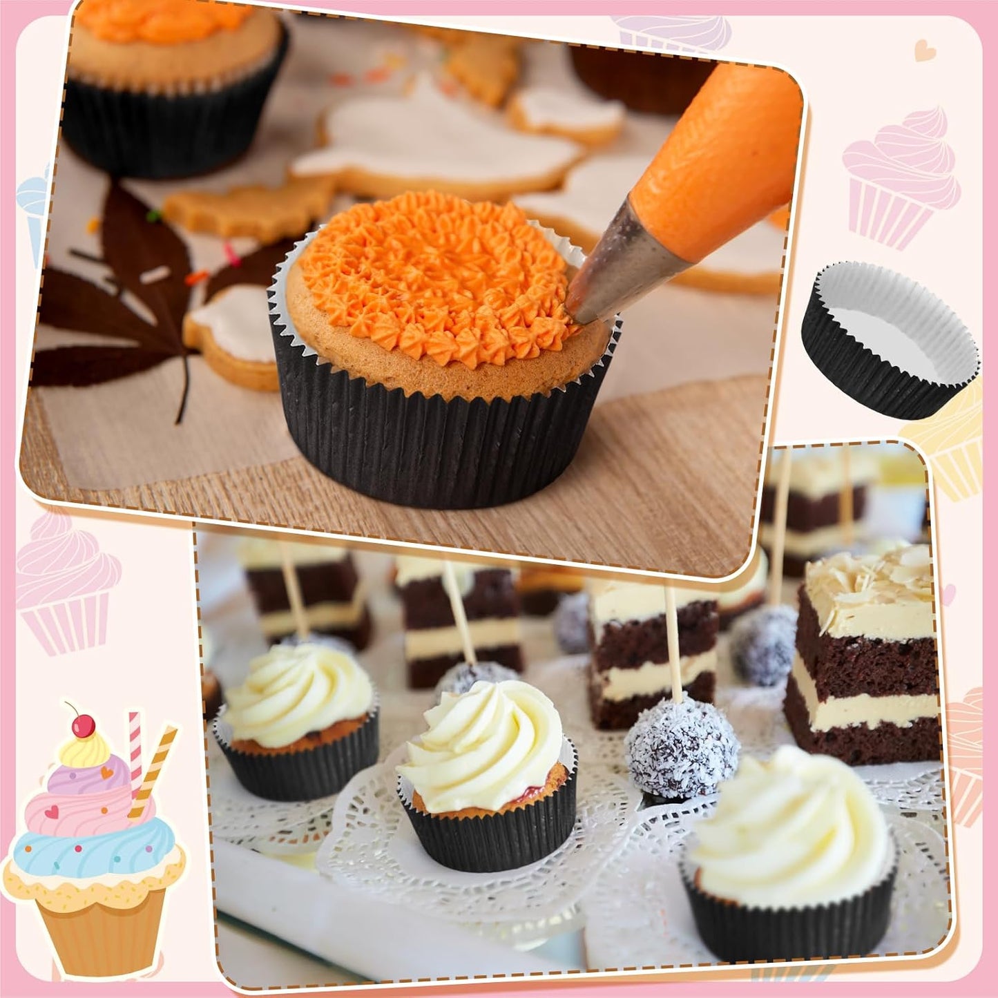 Uiifan Disposable Round Cupcake Liners - Microwave Safe Baking Cups for Snacks & Cakes | Black, 50 Pcs