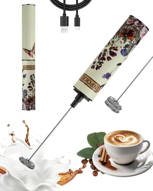 INFOOD Milk Frother - Rechargeable Coffee Frother Wand with 2 Detachable Stainless Whisks | Vintage Floral Design