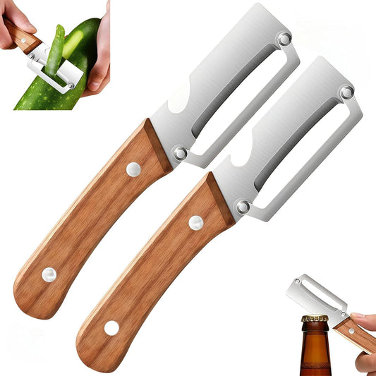 Skiennix Multifunctional Vegetable Peeler - 2 Pcs Wooden Handle with Bottle Opener | Ideal for Fruits & Veggies
