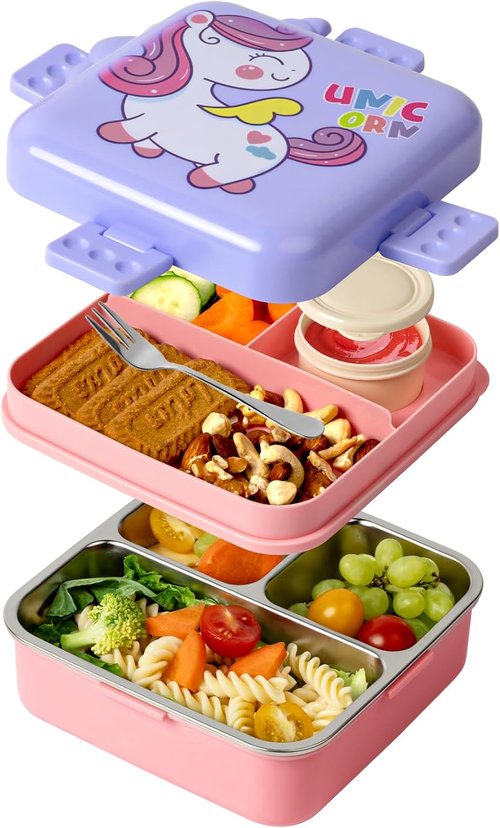 Freshmage Stainless Steel Bento Box - Large Capacity, Leakproof & BPA-Free | 3 Compartments, Pink