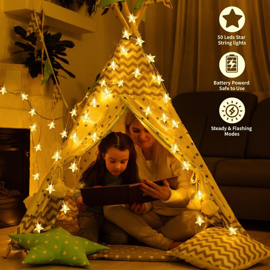 Star String Lights Twinkle Lights Battery Operated, 17 ft 50 LEDs Classroom Decor Fairy Lights, String Lights Battery Powered for Kids Bedroom Wedding Mantel Patio Dorm Decor, Warm White