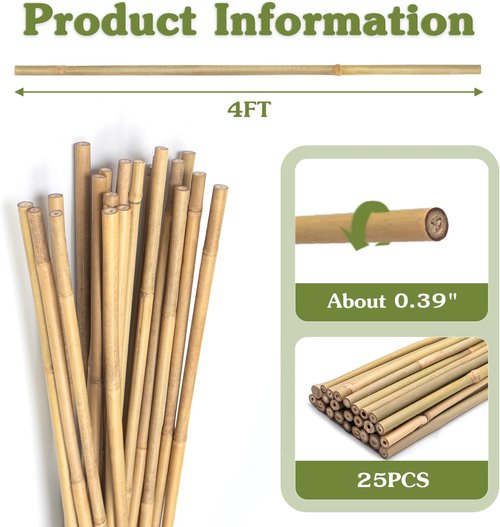HAINANSTRY 4FT Bamboo Plant Stakes - 25Pcs Sturdy Garden Support for Indoor/Outdoor Climbing Plants