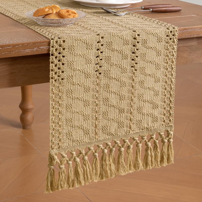 Socomi Boho Table Runner Macrame Summer Farmhouse Woven Cotton Linen Rustic Coffee Table Runner with Tassels for Dresser Scarf Home Decor Dining Room 12x90 inch Champagne