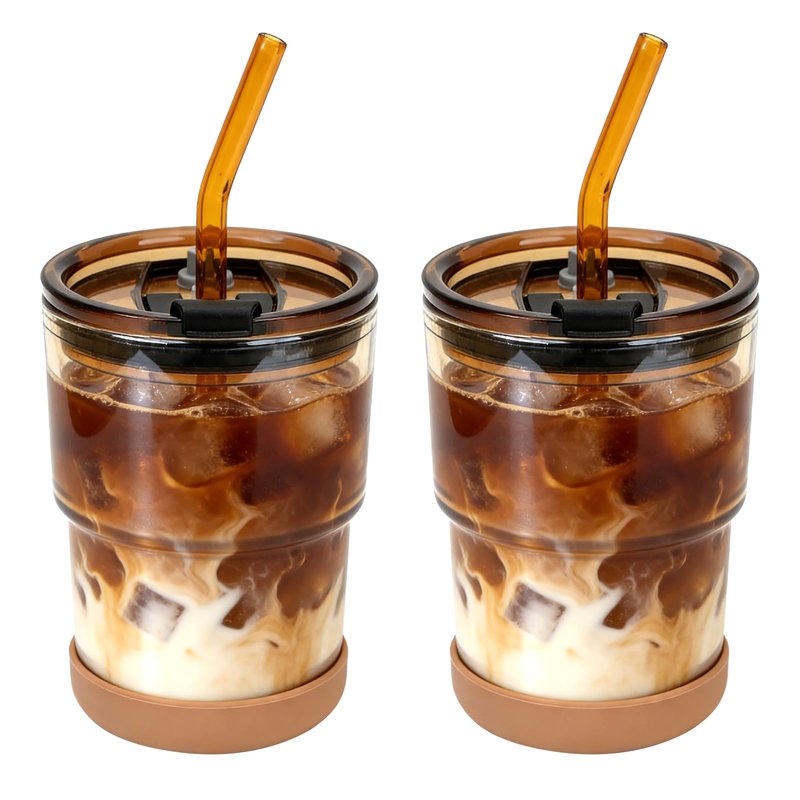 Zukro 13 oz Glass Iced Coffee Cups with Lid and Straw, Leak Proof Glass Tumbler for Ice Tea, Water, Non-Slip Silicone Bottom, Thick Wall Drinking Glasses for Home/Office, BPA Free, Amber 2 Pack