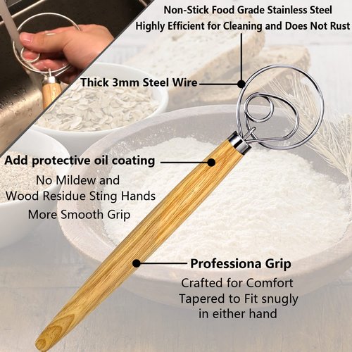 Danish Dough Whisk, Sourdough Tools For Bread Mixer, Dutch Style Bread Whisk For Sourdough Cooking Kitchen with Stainless Steel Danish Sourdough Whisks Bread Mixer 13" and Dough Scraper