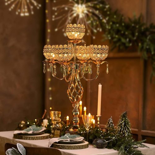 Elegant 5-Arm Candelabra | Crystal Pendant Centerpiece - 23.6 Inch Tall for Weddings & Home Decor