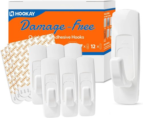 Hookay 5lbs Adhesive Wall Hooks - Damage-Free Heavy Duty Utility Hooks | 7 Hooks & 12 Strips, White Plastic