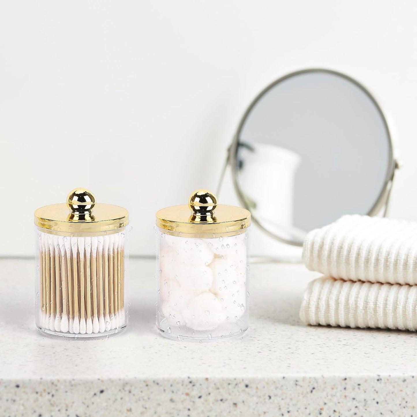Tbestmax Qtip Holder - Elegant 10oz Plastic Apothecary Jar with Gold Lid for Cotton Swabs & Pads - Gold