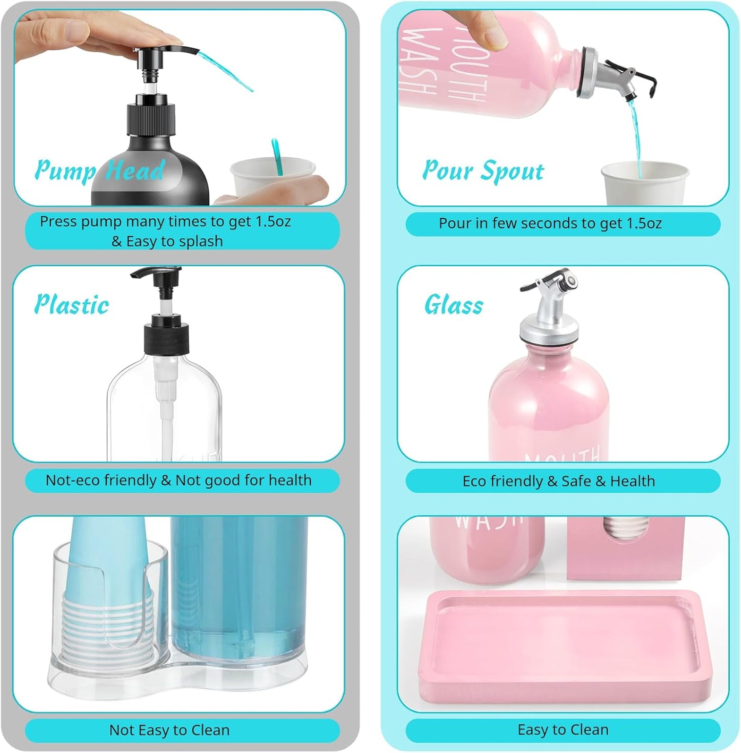 Skiennix Glass Mouthwash Dispenser - 16 OZ with Pour Spout & Wood Cup Holder | Pink Farmhouse Decor