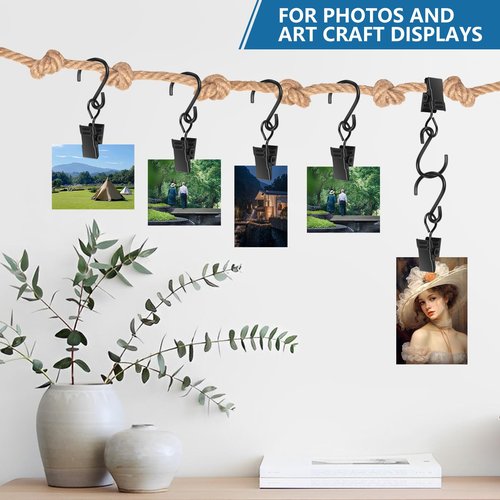 BXUYAOXMC 100-Pack Heavy Duty S Hooks with Clips, 2.36 Inch Metal String Light Clips for Outdoor Patio, Rust-Proof Curtain Hooks for Hanging Christmas Lights, Party Decor, Gutters, Awning - Black
