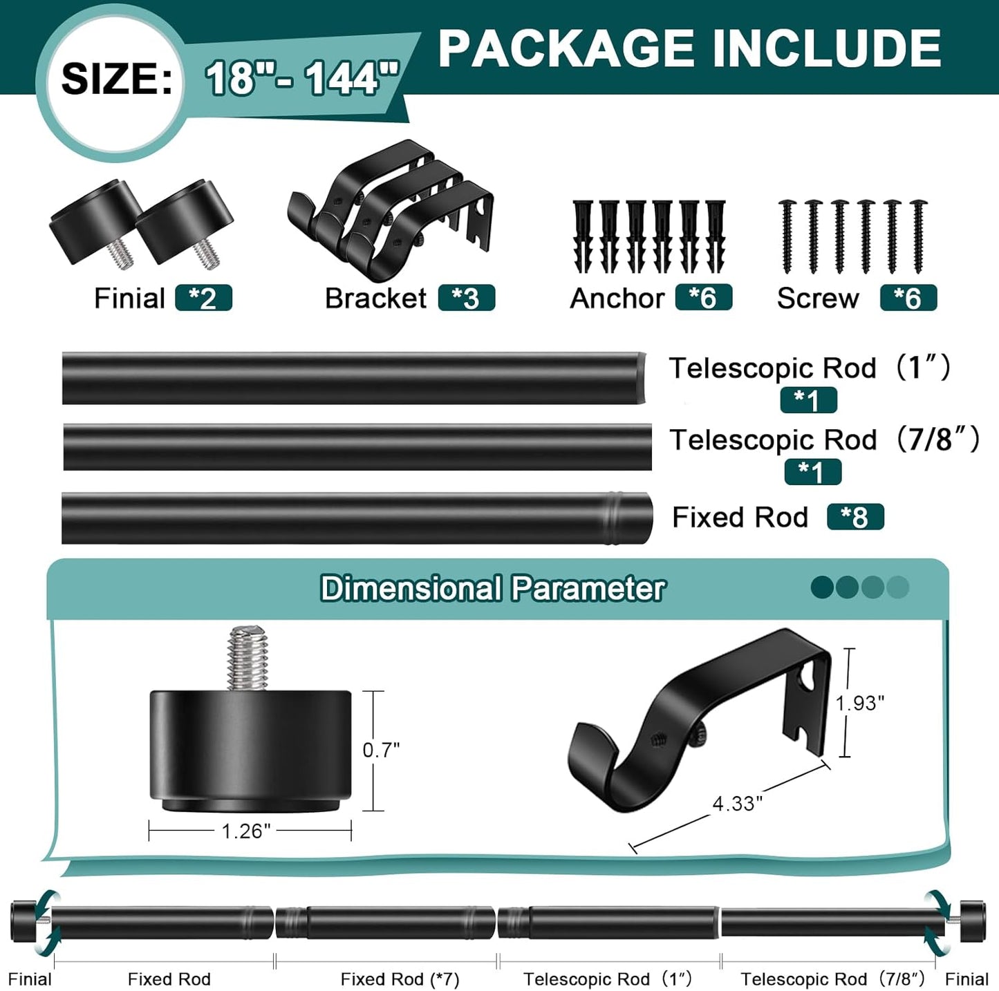 Skiennix Heavy Duty Adjustable Curtain Rod - 72-144 Inch, Modern Black Design, Easy Installation
