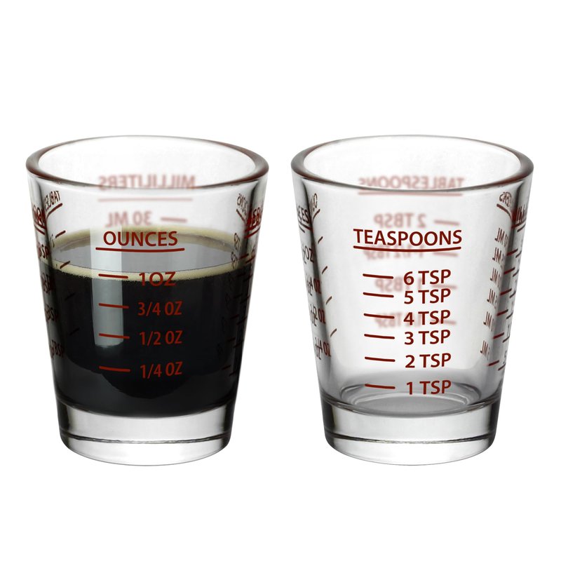 Versatile Heavy-Duty Glass Measuring Shot Glasses - Easy Read for Cooking, Espresso, and Medicine, 1 Ounce, 6 Teaspoons, 2 Tablespoons, 30Milliliters, Dishwasher Safe, 2-Pack