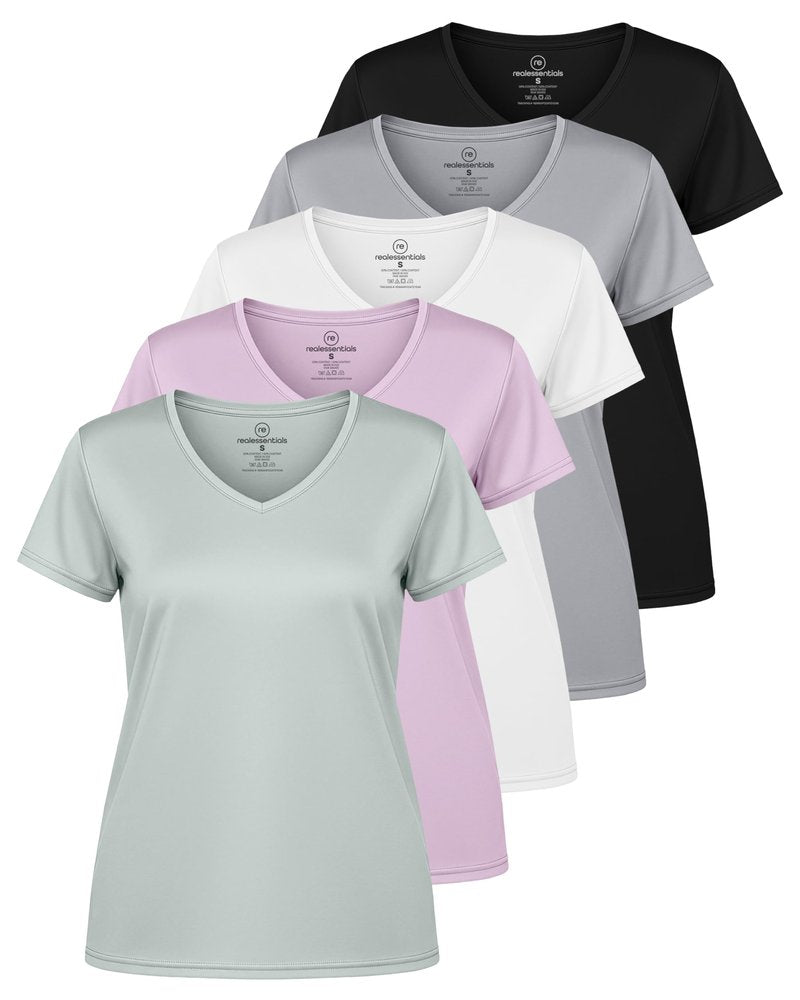 Real Essentials 5 Pack: Women's Dry-Fit Short Sleeve V Neck T Shirt Workout Fitness Yoga Top Tee (Available in Plus Size), Set 9, 2X
