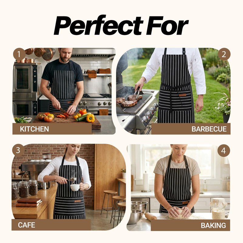 ZAIORD 2Pack Adjustable Kitchen Apron for Women Men with 2 Pockets，Cotton-Polyester Blend Bib Aprons for Cooking,Baking