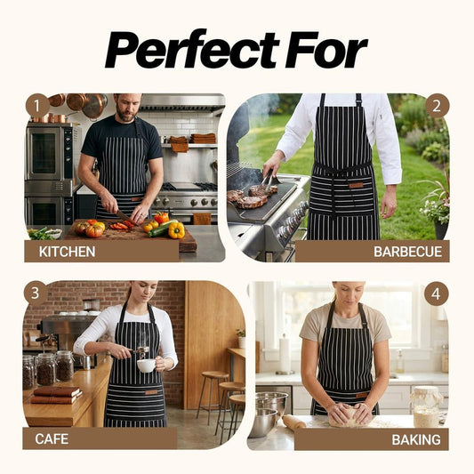 ZAIORD 2Pack Adjustable Kitchen Apron for Women Men with 2 Pockets，Cotton-Polyester Blend Bib Aprons for Cooking,Baking