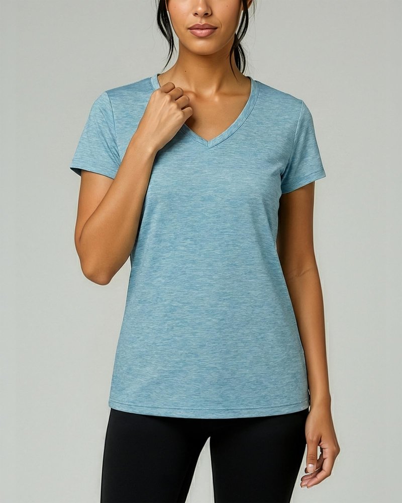 Real Essentials 5 Pack: Women's Dry-Fit Short Sleeve V Neck T Shirt Workout Fitness Yoga Top Tee, Set 1, L
