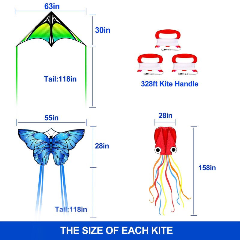 3 Pack Kite Set for Kids & Adults, Easy to Fly Kites for Beginners, Large Butterfly Delta Octopus Kite for Beach&Park&Outdoor Activities, Perfect for Family Outing(Green&Blue&Red)