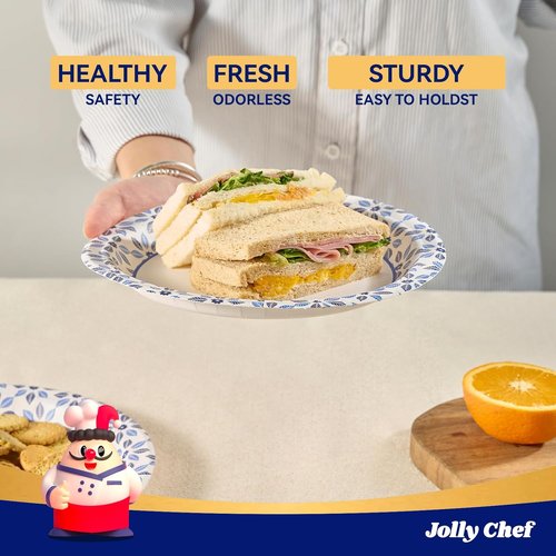 JOLLY CHEF 7-Inch Heavy Duty Disposable Paper Plates - 150 Count, Soak Proof & Cut Proof